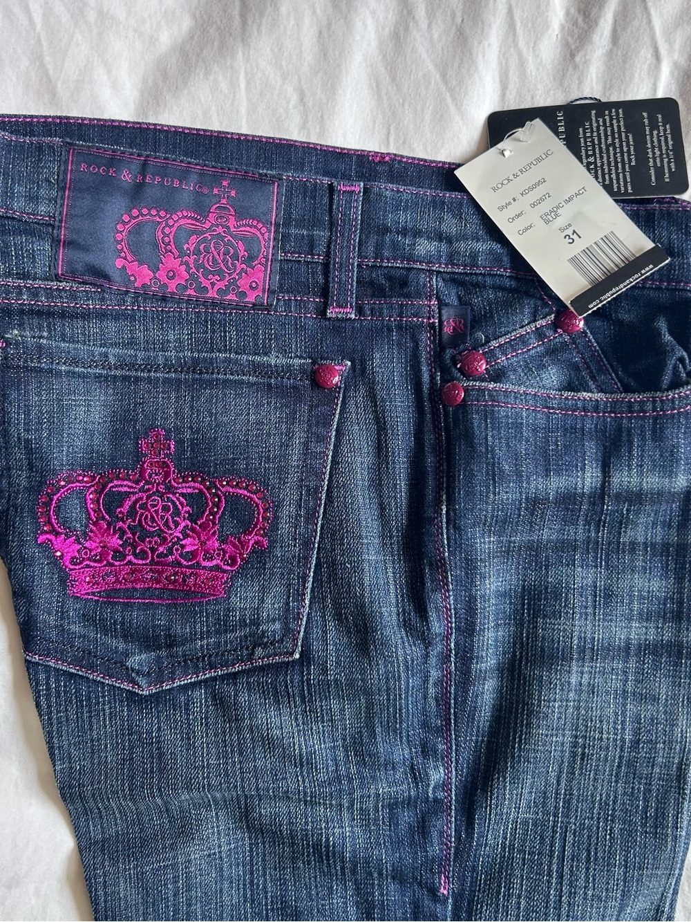 VicRock & Republic Women's Dark Wash Jeans with Pink Embroidered Crown - Size 31